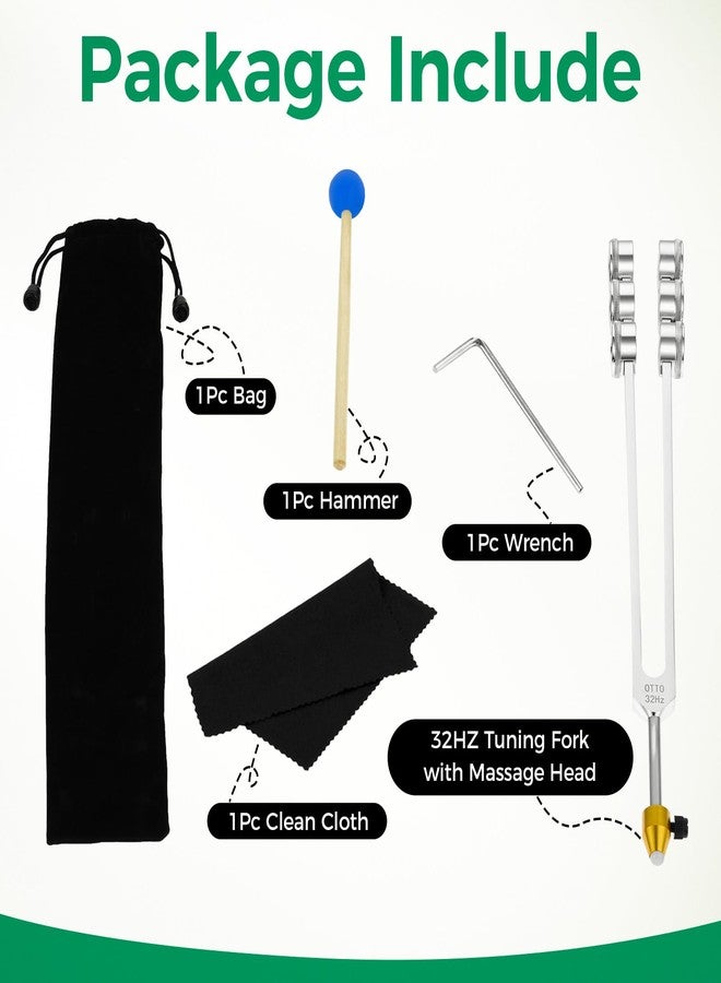 DRELD شوكة رنانة موزونة بتردد 32 هرتز مع رأس تدليك للشفاء، وتنشيط الشاكرات، والعلاج الصوتي، واليوغا، وتخفيف التوتر، والاسترخاء، مع مطرقة، وحقيبة، وقطعة قماش للتنظيف، ومفتاح ربط - Image 2