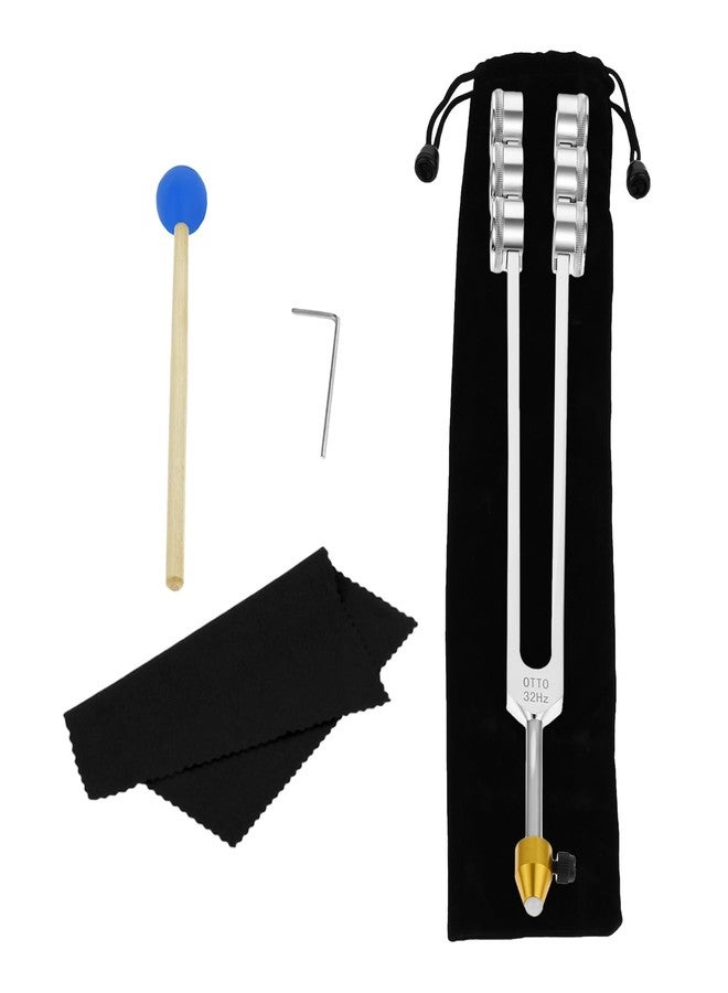 DRELD شوكة رنانة موزونة بتردد 32 هرتز مع رأس تدليك للشفاء، وتنشيط الشاكرات، والعلاج الصوتي، واليوغا، وتخفيف التوتر، والاسترخاء، مع مطرقة، وحقيبة، وقطعة قماش للتنظيف، ومفتاح ربط - Image 1