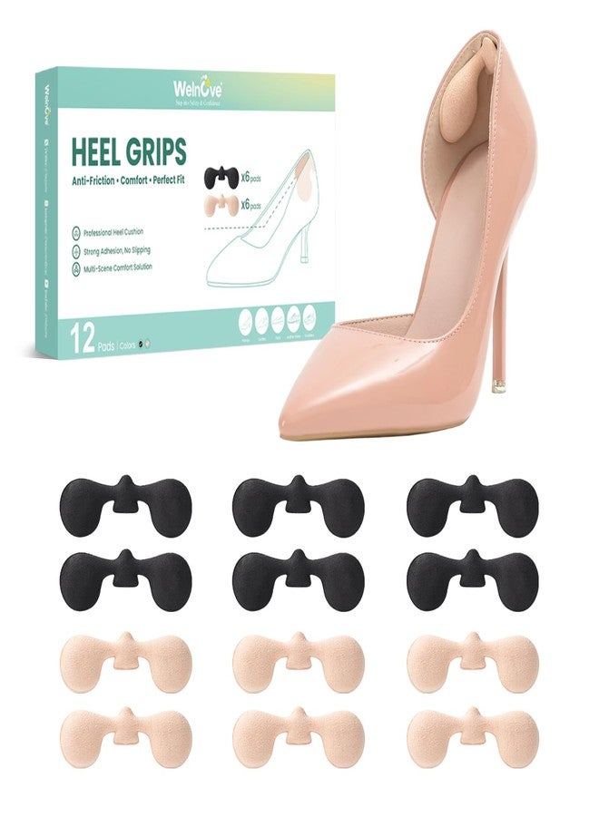 Welnove Heel Pads for Shoes That are Too Big - Welnove 6 Pairs Self Adhesive Heel Grips Pads for Foot Pain, Blisters, Slipping, Rubbing - Bat Shaped Shoe Cushions Inserts for Women Comfort (Black & Beige) - Image 1
