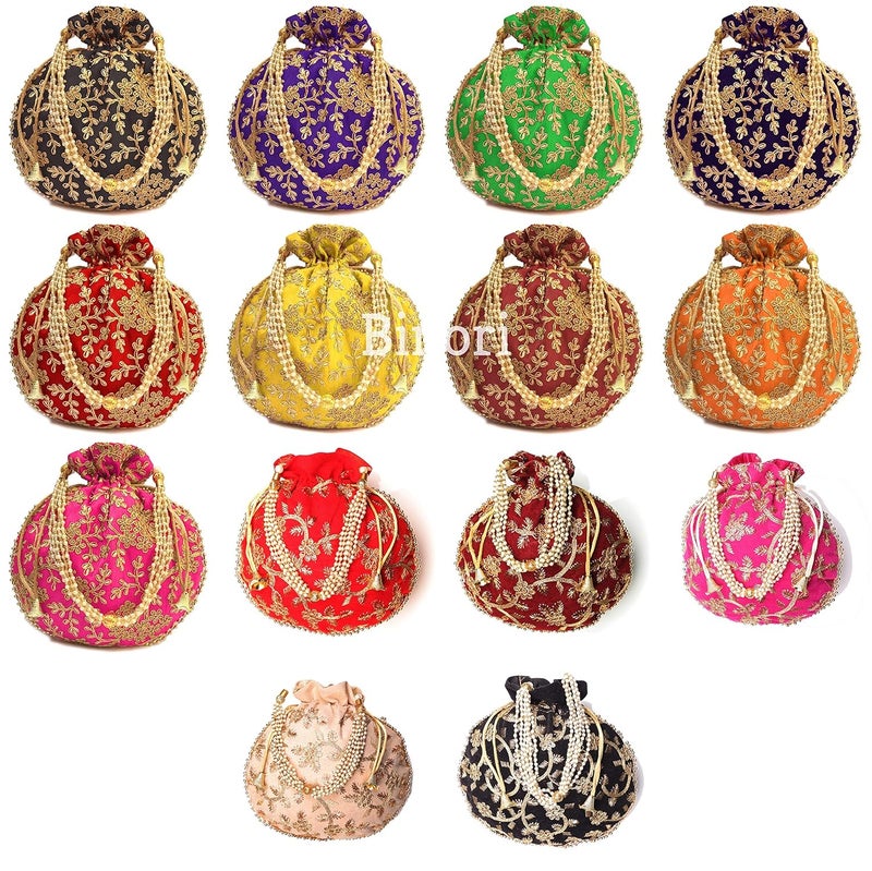 BINORI FASHIONS Rajasthani Style Royal Clutch Silk Batwa Bag Combo Wristlets Ethnic Potli for Women's Zari Work Bridal - Image 1