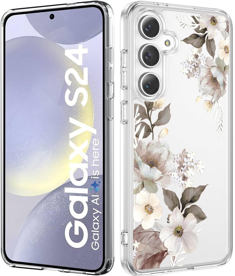 Elzzi غطاء زهري شفاف لجهاز سامسونج S24 5G، غطاء مضاد للصدمات بتصميم زهور لحماية الكاميرا، غطاء شفاف للفتيات والنساء (رمادي) - Image 1