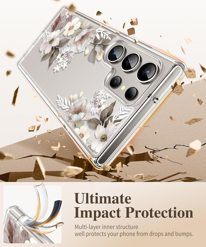 Elzzi غطاء زهري شفاف لجهاز سامسونج S24 5G، غطاء مضاد للصدمات بتصميم زهور لحماية الكاميرا، غطاء شفاف للفتيات والنساء (رمادي) - Image 3