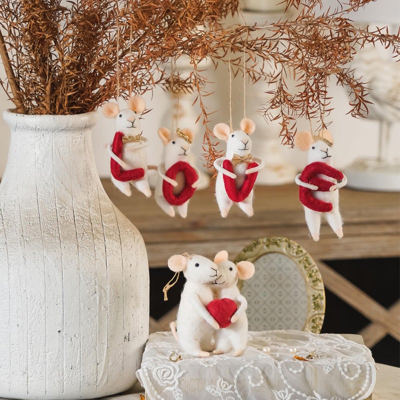 SOFFEE DESIGN Set of 5 Felt Mice Souvenirs Gifts for Wedding, Christmas Hanging Ornaments White Felt Mouse Animal Figurines Tabletop Decor for Anniversary Party Valentine's Day Gift for Women - Image 4