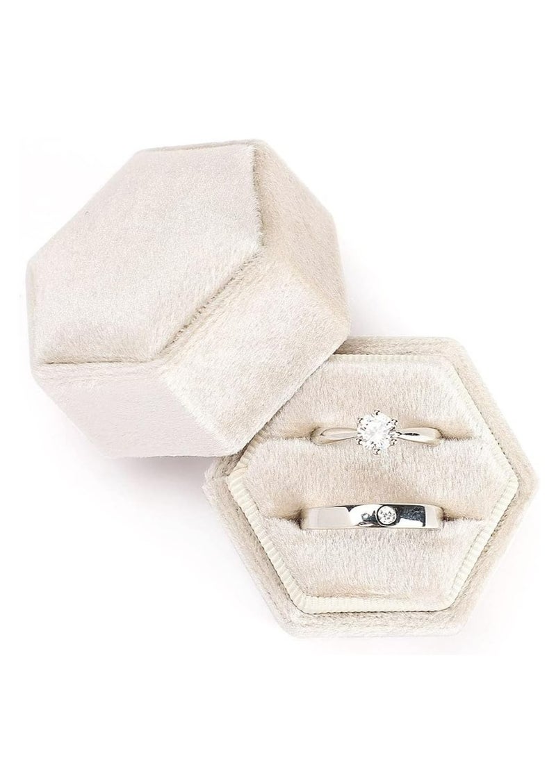 Loquat Hexagon Velvet Double Ring Gift Box with Detachable Lid, Premium for Engagement, Wedding - Image 1