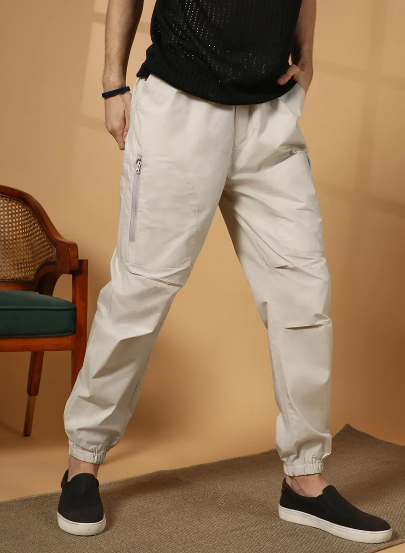 Campus Sutra Men's Saltbox Beige Parachute Utility Trousers
