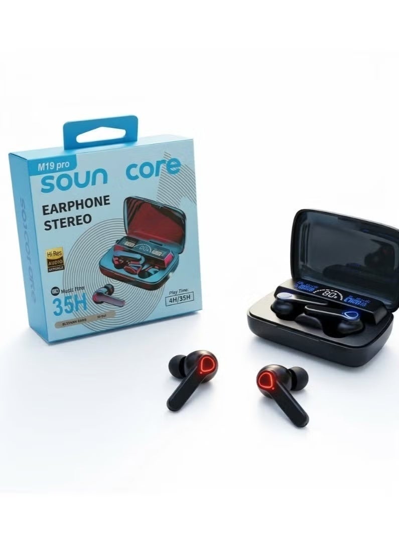 TWS M19 pro Bluetooth Earbuds, Wireless Headphones, Noise Cancelling, Bass Boost, Sports Gaming Headset with Microphone, Smart LED Power Supply, Touch Control - Black - Image 2