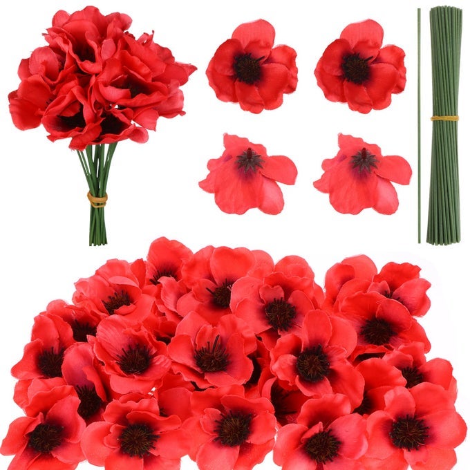 60 Set Red Poppy Artificial Flowers Fake Flowers for Remembrance Sunday Poppies Head Fake Wildflowers with Flower Branch for Veterans Day Bouquet Corsages Home Kitchen Decoration Type2