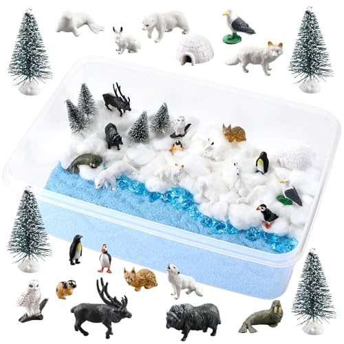 Beeveer 42 Pcs Winter Sensory Bin Fillers Snow Play Sand Toy Kit with Arctic Animals Figurines Counting Sorting Pine Trees Cotton Ball Bag Blue Sand Stone for Preschool Polar Project Education Birthday Gifts - Image 1