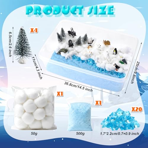 Beeveer 42 Pcs Winter Sensory Bin Fillers Snow Play Sand Toy Kit with Arctic Animals Figurines Counting Sorting Pine Trees Cotton Ball Bag Blue Sand Stone for Preschool Polar Project Education Birthday Gifts - Image 5