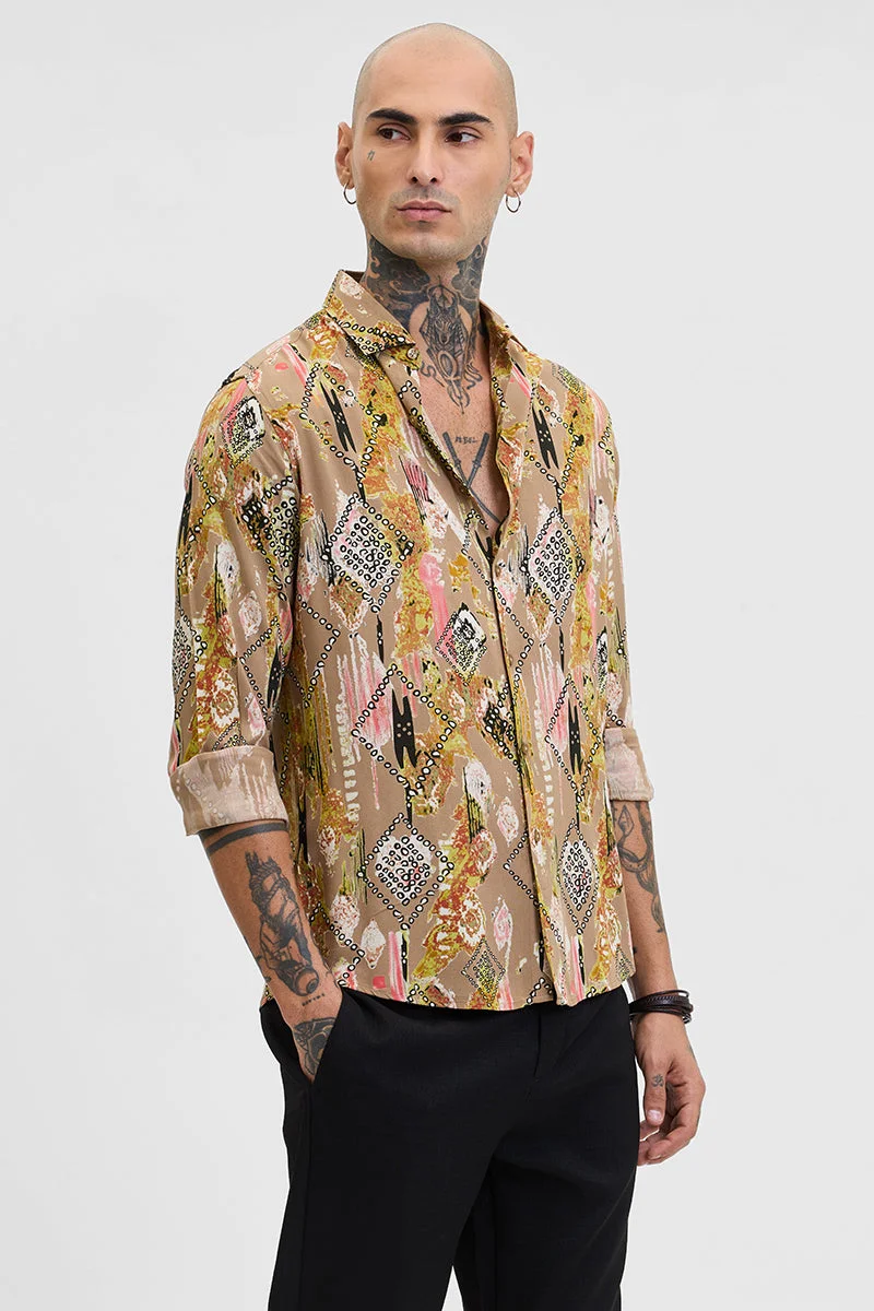 SNITCH Beige Abstract Slim Fit Shirt