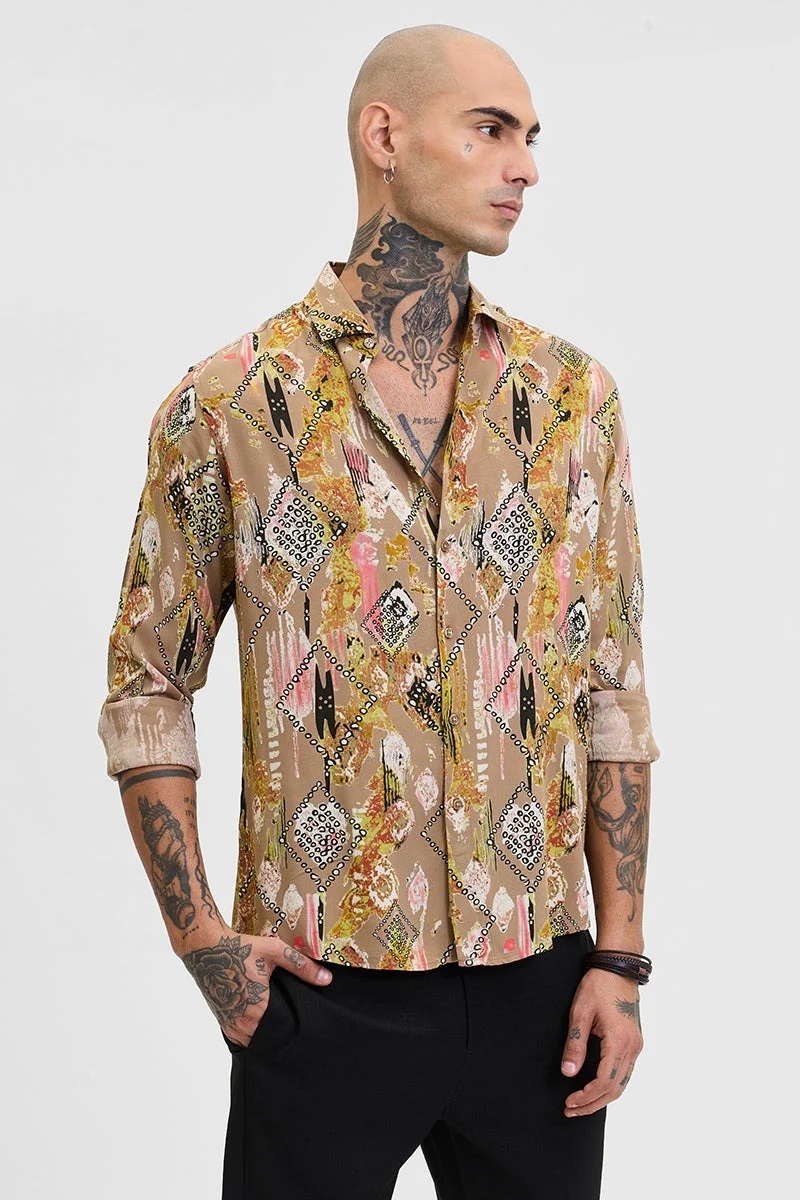 SNITCH Beige Abstract Slim Fit Shirt
