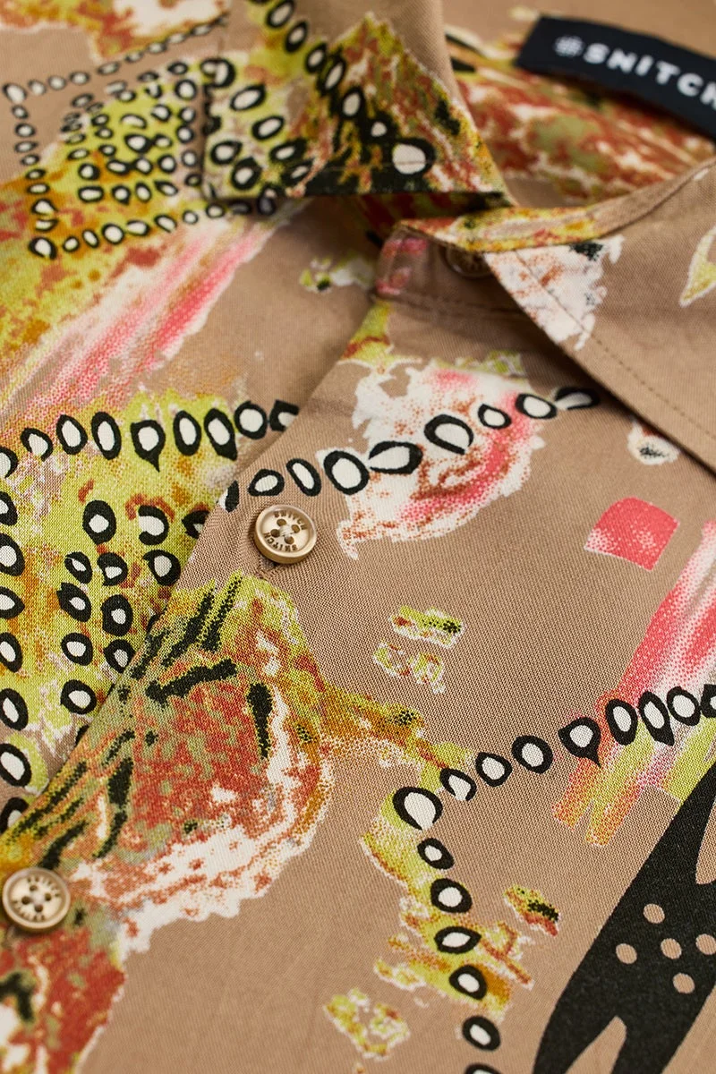 SNITCH Beige Abstract Slim Fit Shirt
