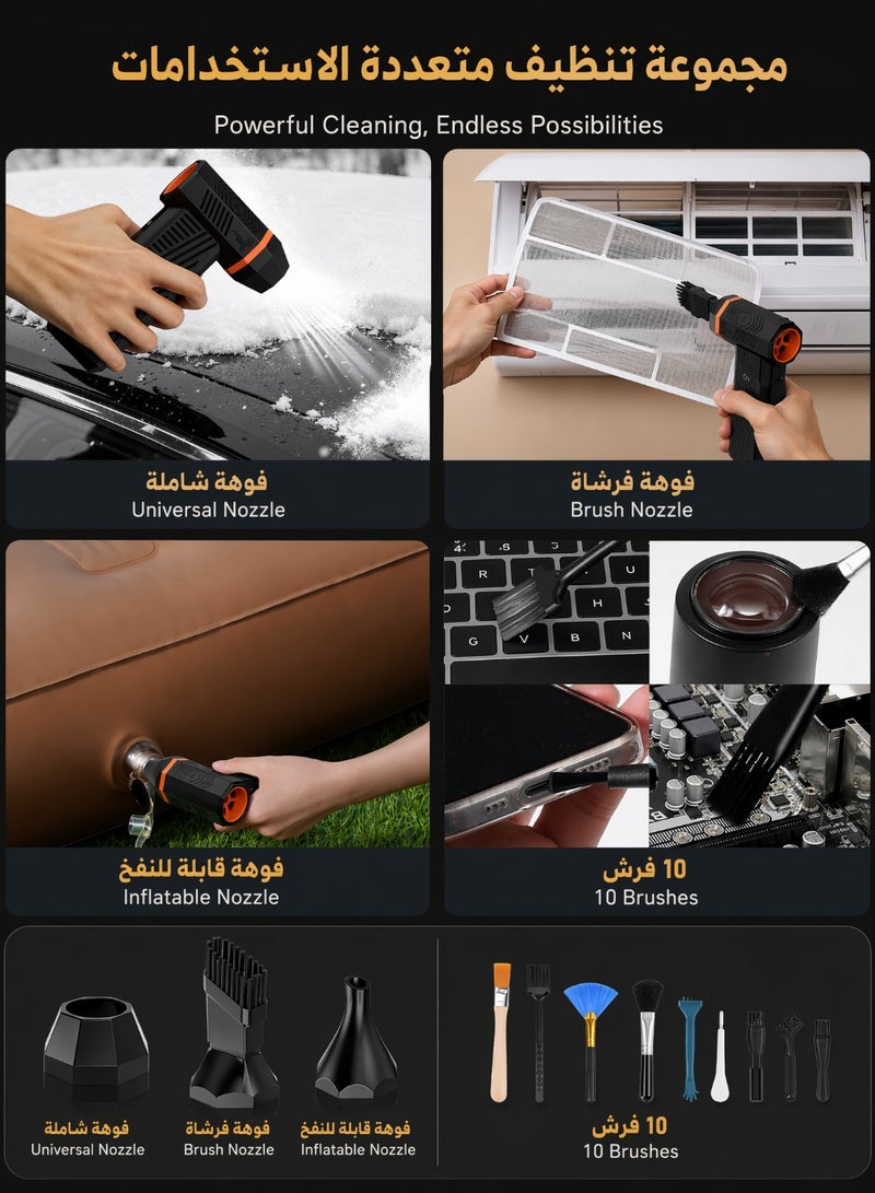 منفاخ هواء كهربائي لاسلكي قابل لإعادة الشحن بسرعة 180000 دورة/دقيقة، محرك بدون فرش، 4 سرعات، شاشة LED، ضوء LED، بطارية 5000mAh، USB-C، مع 3 فوهات و10 فرش لتنظيف الكمبيوتر ولوحة المفاتيح والسيارة والمنزل - Image 4