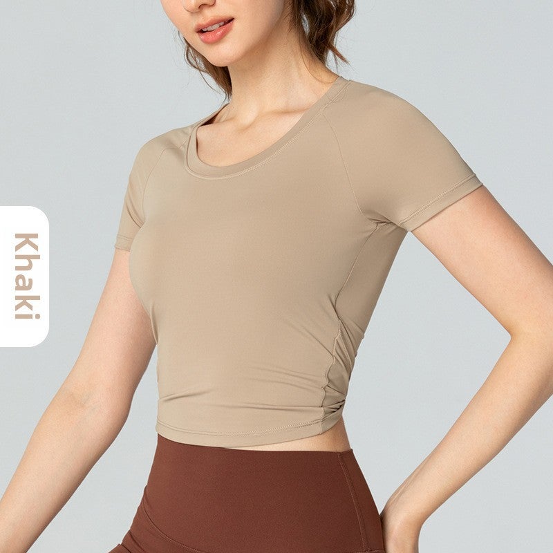Womens Hollow Back Yoga Tee New Classic Round Neck Fitness Top with Pad Black  - Image 2