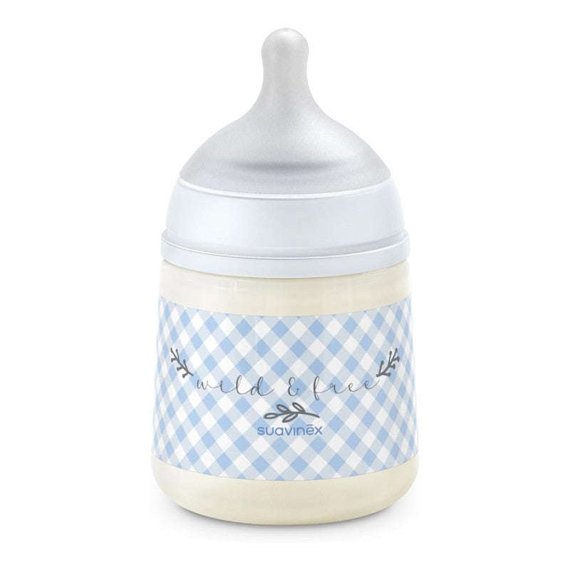 Suavinex, 150ml Bottle with Physiological SX Pro Silicone Teat with Anti-Colic Valve, Slow Flow (S) for Breast and Artificial Milk or Water, Babies +0 Months and Newborns, Wild&Free Blue