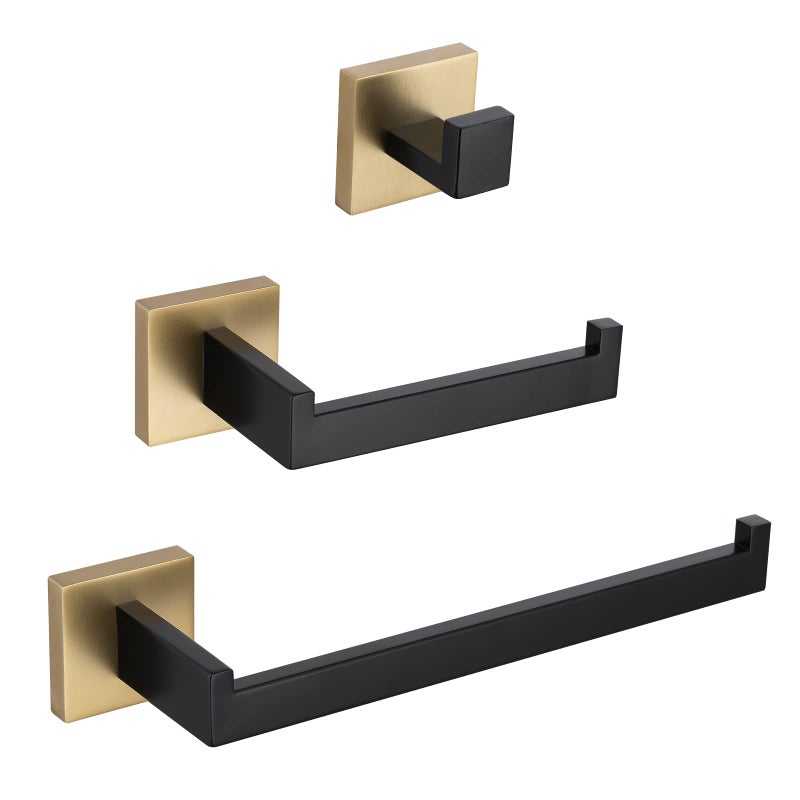 TURS 3Piece Bathroom Hardware Set Black and Gold Hand Towel Holder Toilet Paper Holder Towel Hook Stainless Steel Towel Bar Set Wall Mounted