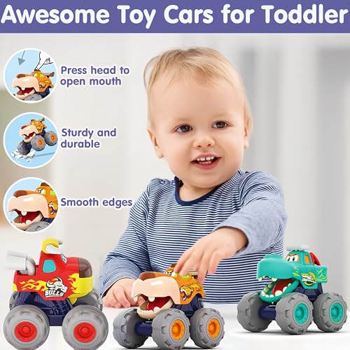 MOONTOY Toy Cars for Toddlers 1-3, 3 Pack Monster Truck Toys for 1 2 3 Year Old Boy Gifts, Baby Animal Play Vehicle Push Pull Back Truck for 12-18 Months 2-4 0-2 1-2 One Year Old Boy 1st Birthday Gift - Image 2