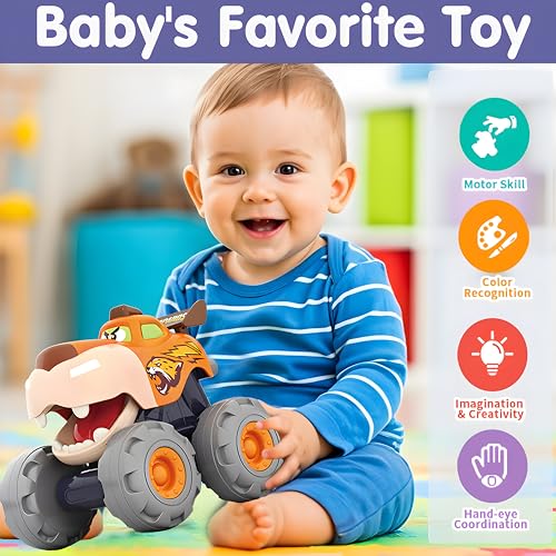 MOONTOY Toy Cars for Toddlers 1-3, 3 Pack Monster Truck Toys for 1 2 3 Year Old Boy Gifts, Baby Animal Play Vehicle Push Pull Back Truck for 12-18 Months 2-4 0-2 1-2 One Year Old Boy 1st Birthday Gift - Image 4