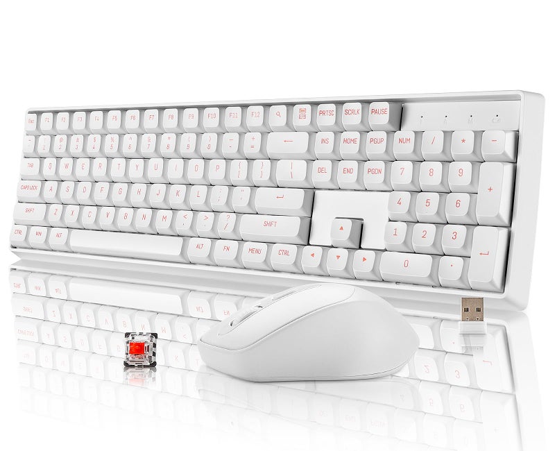 darkFlash Wireless Mechanical Keyboard and Mouse for Office 106 Keys FullSize Keyboard and Mouse Combo Linear Red Switches for WindowsMac Computer Office Desktop LaptopGK104 White