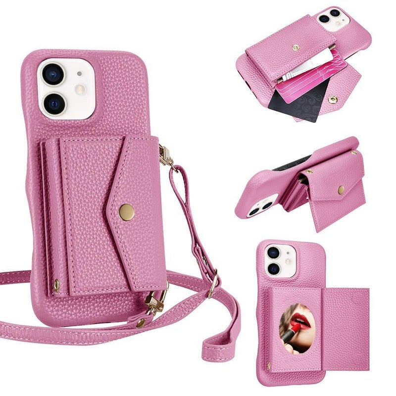 HuHa Case Cover For iPhone 12 / 12 Pro Litchi Texture Horizontal Card Bag Holder Phone Case with Long Lanyard(Pink) - Image 1