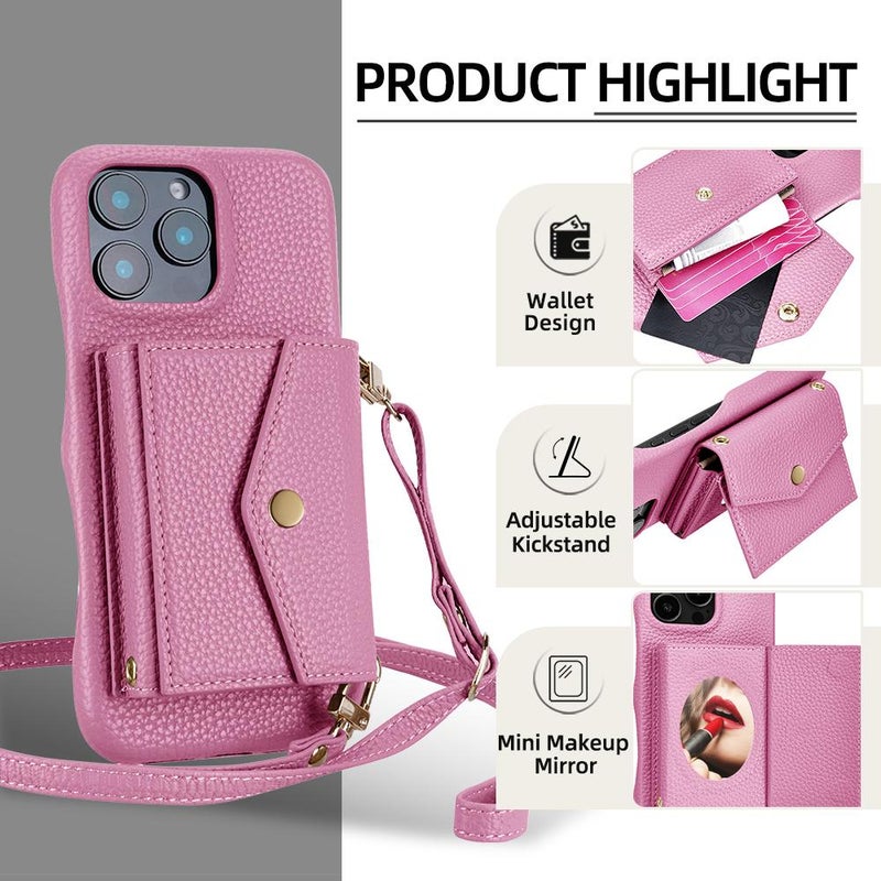 HuHa Case Cover For iPhone 12 / 12 Pro Litchi Texture Horizontal Card Bag Holder Phone Case with Long Lanyard(Pink) - Image 2
