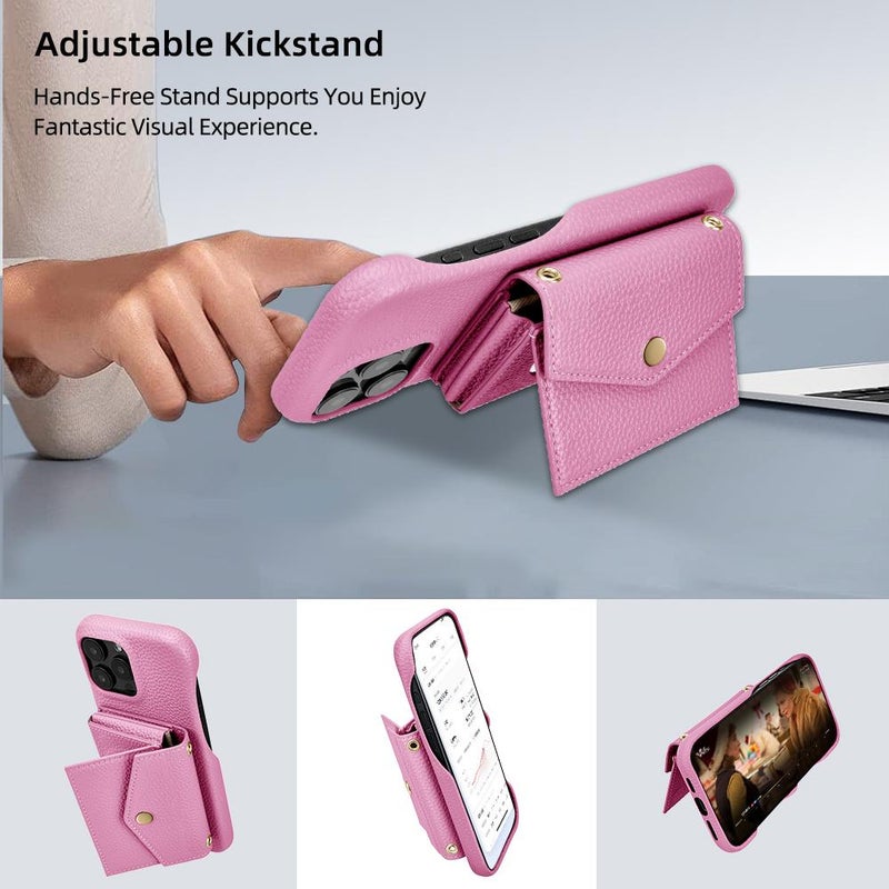 HuHa Case Cover For iPhone 12 / 12 Pro Litchi Texture Horizontal Card Bag Holder Phone Case with Long Lanyard(Pink) - Image 4