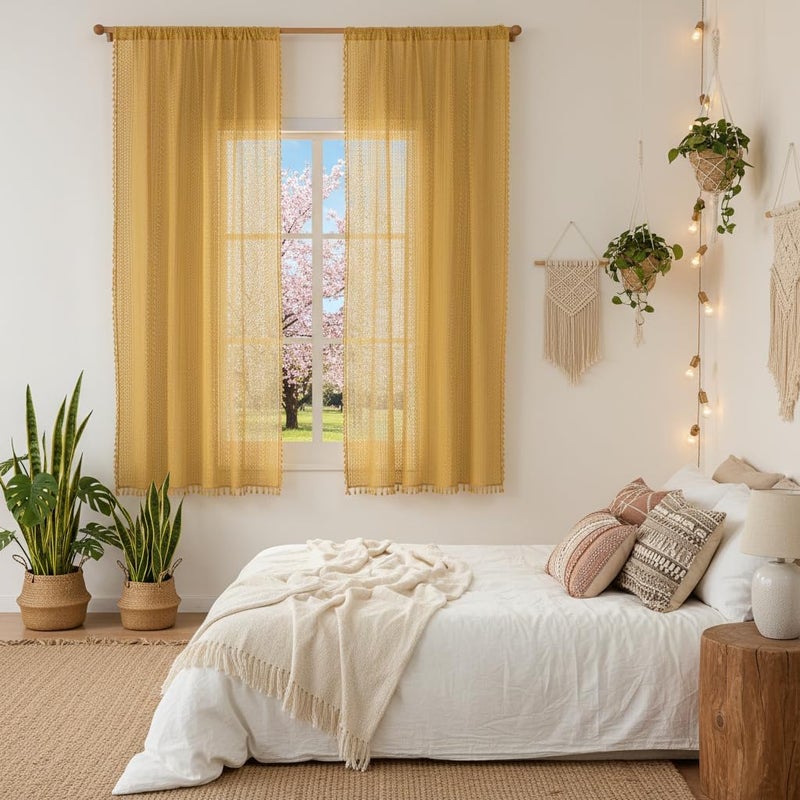 WAZZIO Pale Yellow Sheer Curtains 63 Inch Length,Rod Pocket Semi Sheer Privacy Cotton Blend Crochet Lace Curtain Vintage Bright Color Striped Tassel Mesh Curtains & Drapes for Bedroom Dining Room - Image 3