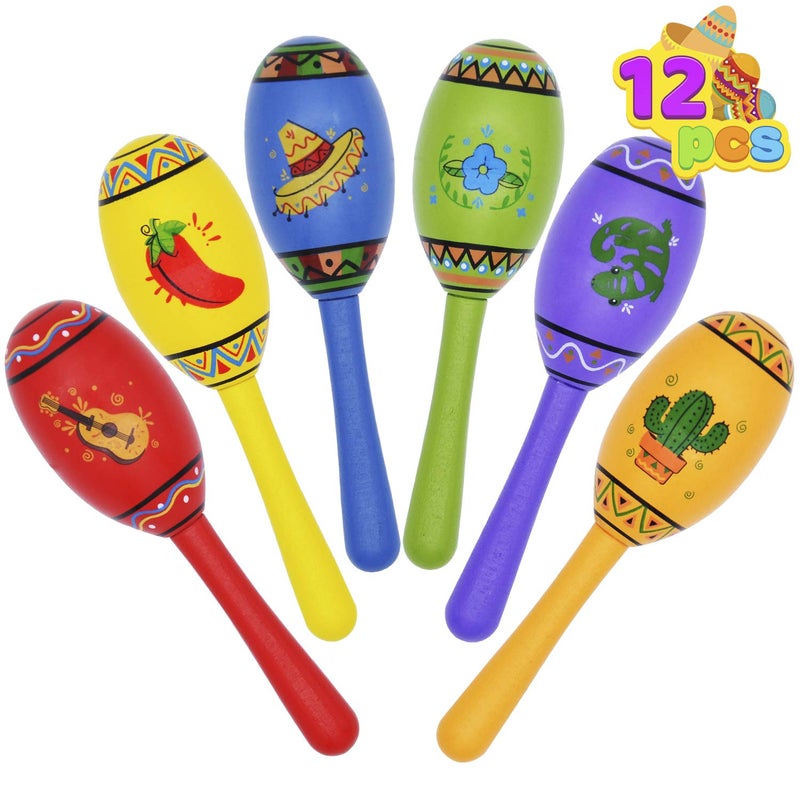 JOYIN 12 Mini Wooden Fiesta Maracas 6 Designs Noisemaker for Mexican Fiesta, Cinco De Mayo Party Favors, Musical Fun, Birthday Parties, Luau Party, Carnivals, Taco Tuesday Event - Image 1