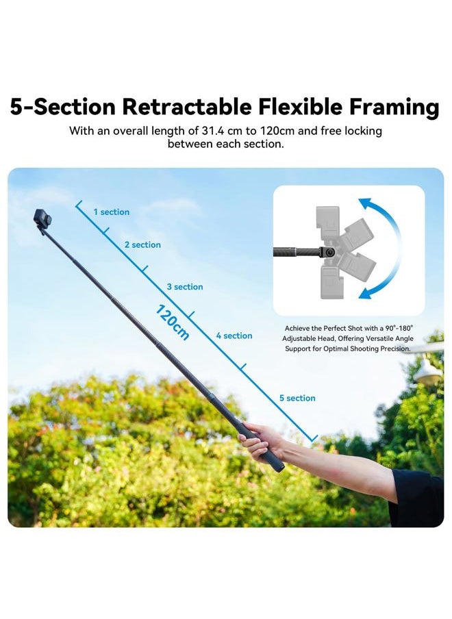 TELESIN Selfie Stick Long Pole Invisible for GoPro Insta360 (120cm/47.2in), Carbon Fiber Waterproof Extension Monopod for Go Pro Max Hero 13 12 11 10 9 8 7 DJI Action 5 Pro Pocket 3 Insta 360 X3 GO3 Ace Pro 2  - Image 3