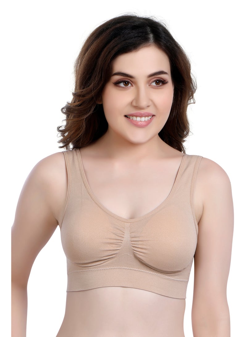 Glamroot Women's Seamless Padded Sports bra With Removable cups, Beige - Image 1
