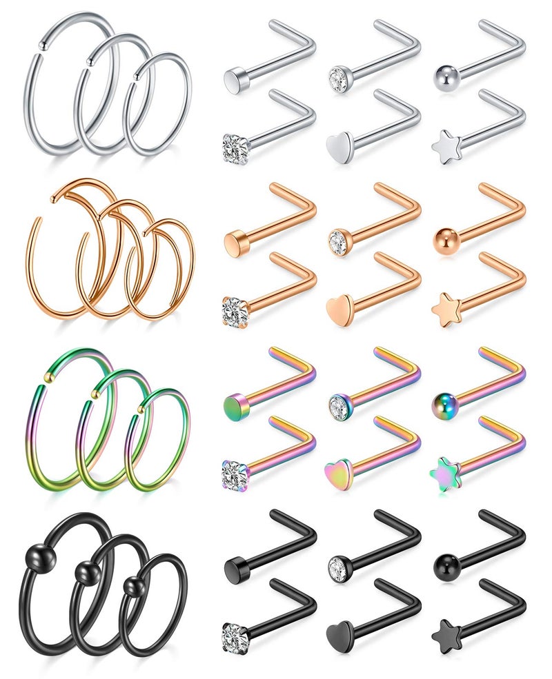 Mayhoop 20g Nose Rings Hoops And Studs For Women Men - Hypoallergenic 316L Surgical Stainless Steel L Shape Nose Screw Bone Silver Rose Gold Black Rainbow Pack 28Pcs - Image 1