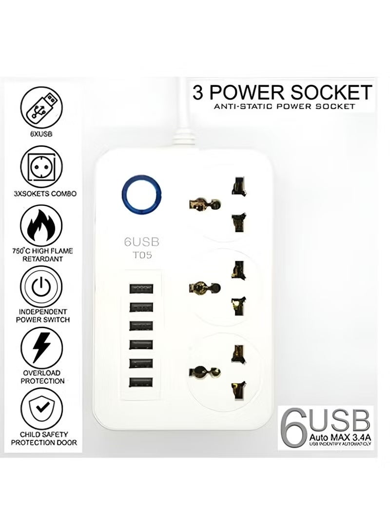 Universal Extension Board 3 AC Sockets 6 USB Ports Anti-Static Power Strip - Image 1