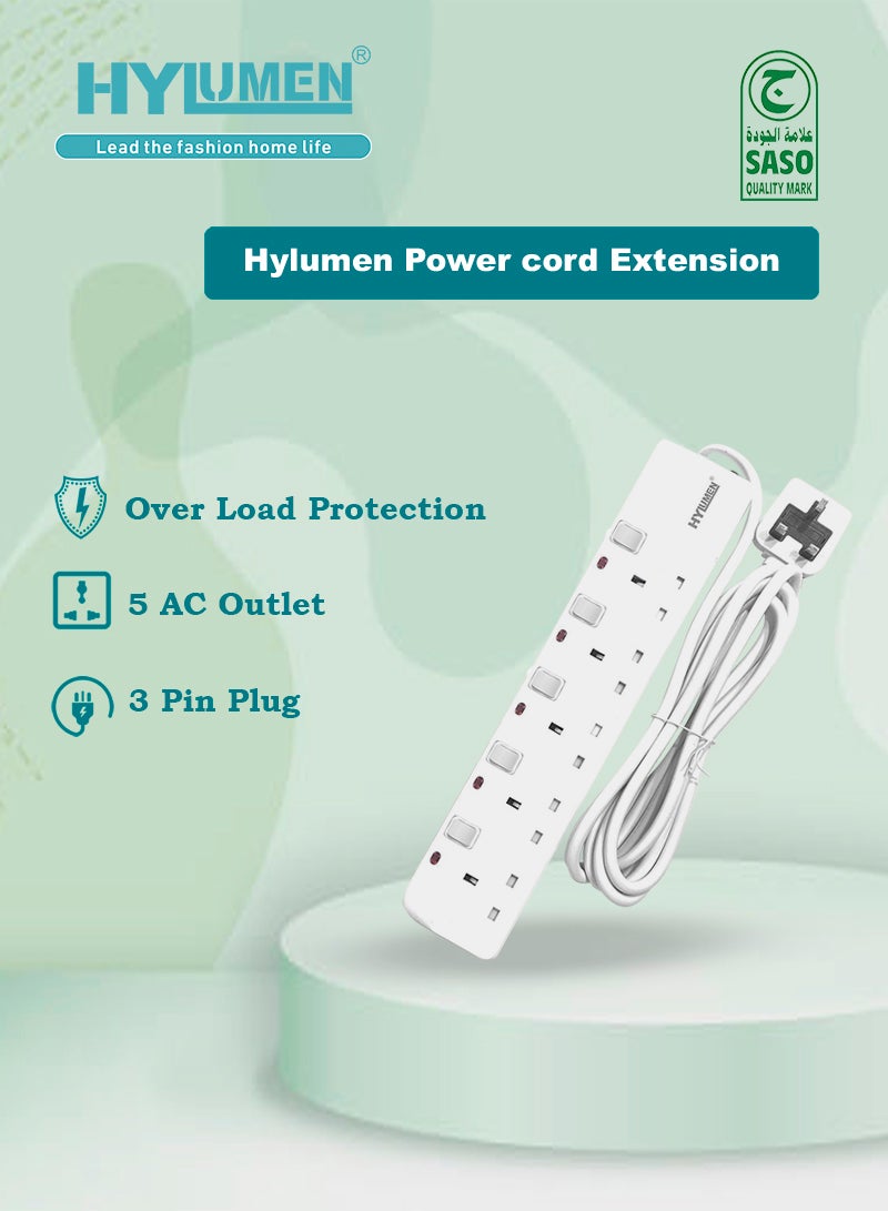 Hylumen 5 Socket Extension Cord - 3 Meter, Heavy Duty, Multi-Plug Power Strip for Home & Office, Surge Protection - Image 1