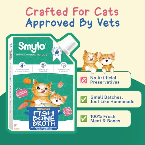 Smylo Summer Cooler, Hydration Rich Fish Bone Broth for Cats (100ml x 5 Packs) | Rich in Collagen for Bones & Joints Health | Omega 3 & 6 for Shiny Fur & Coat | Cat Food Topper and Cat Supplements - Image 4