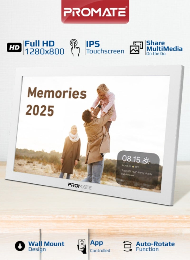 بروميت Full HD Digital Photo Frame With 10.1" Touch Screen, Wireless app Control, 16GB Storage, USB/TF Card Support, Dual Speakers, Multi Picture & Video Formats Compatibility, Memoria-10 White - Image 1