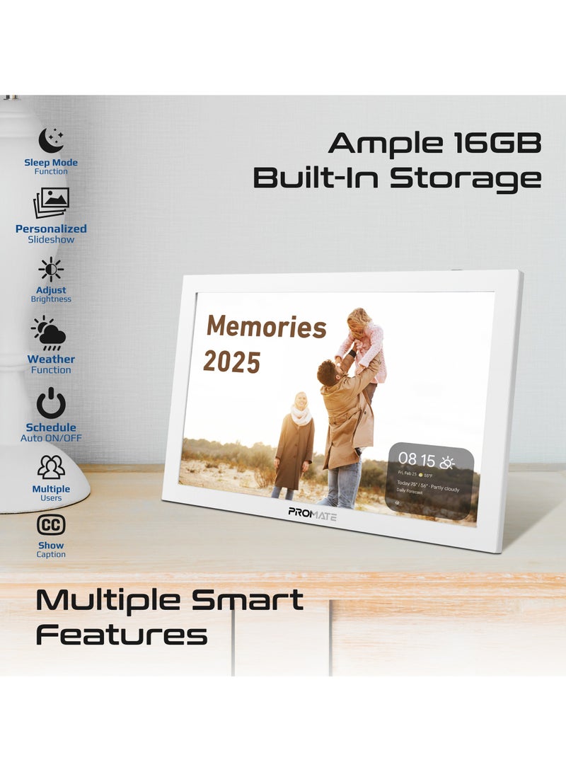 بروميت Full HD Digital Photo Frame With 10.1" Touch Screen, Wireless app Control, 16GB Storage, USB/TF Card Support, Dual Speakers, Multi Picture & Video Formats Compatibility, Memoria-10 White - Image 3
