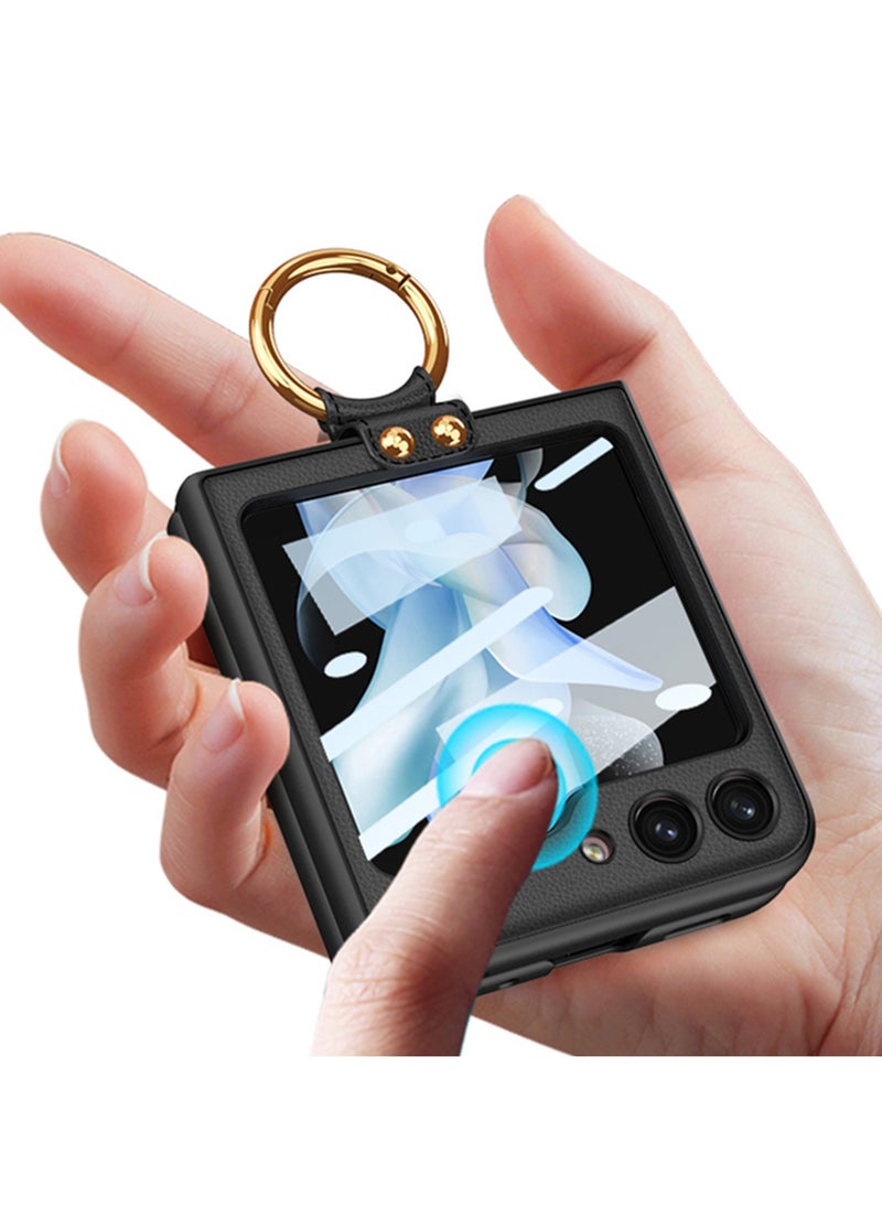 GKK - Gkk Compatible With Samsung Galaxy Z Flip 5 Leather Ulta Thin Camira With Ring (Black) - Image 1