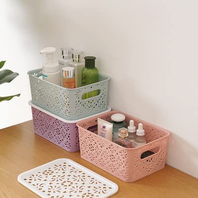 Lariox Plastic Storage Baskets with Handle Portable Desktop Storage Bin Box Stackable Cabinet Organizer Shelf Basket for Kitchen Bathroom Kids Room Pack of 2 - Image 4