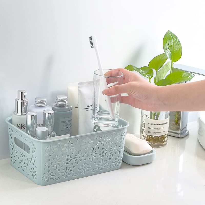 Lariox Plastic Storage Baskets with Handle Portable Desktop Storage Bin Box Stackable Cabinet Organizer Shelf Basket for Kitchen Bathroom Kids Room Pack of 2 - Image 5