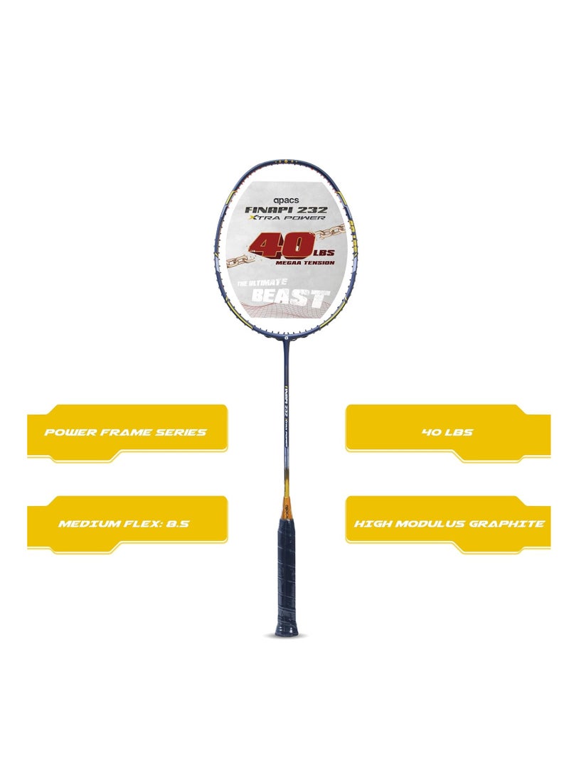 Finapi 232 Xtra Power Unstrung Badminton Racket – Ultra-High Modulus Japanese Graphite, Aerodynamic Frame, 4-inch Grip, Full Cover