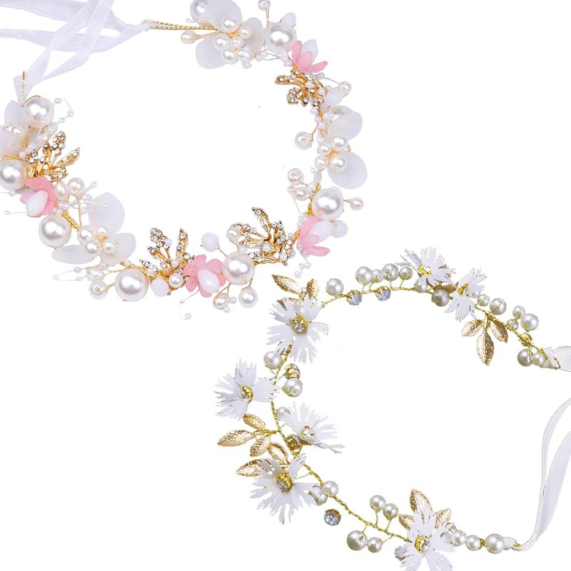 لابلحي 2 قطع إكليل زهور زفاف وردي قابل للتعديل مع أحجار الراين وتاج لؤلؤي للأميرات والفتيات ووصيفات العروس