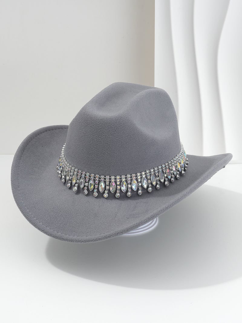 Men'S And Women'S Elegant Topper Hat Unique Jazz Denim Hat Tassel Gem Rhinestone Accessories Belt Wedding Engagement - Image 1