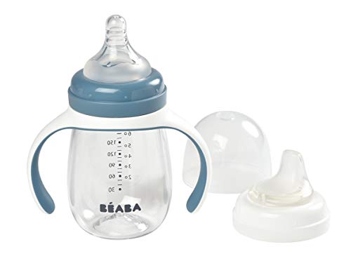 BEABA 2in1 Baby Bottle to Transition Sippy Cup No Spill Sippy Cup Includes Removable Handles Silicone Baby Bottle Nipple and Soft Spout 7 oz Rain