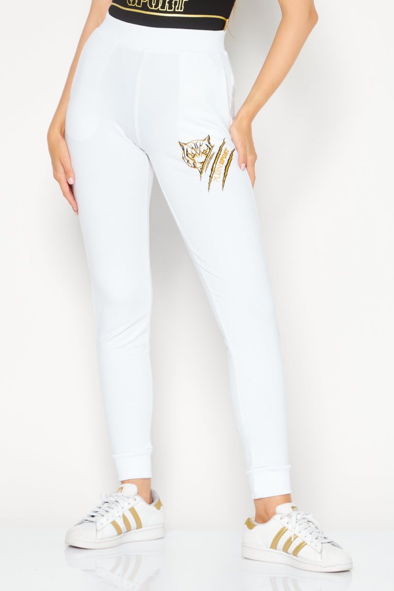 Plein Sport Women Sportswear Fit Brand Logo Training Pants, White  - Image 1