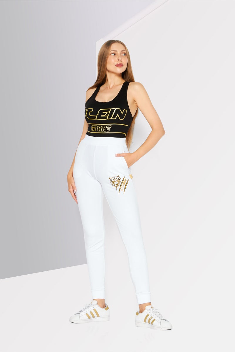 Plein Sport Women Sportswear Fit Brand Logo Training Pants, White  - Image 4