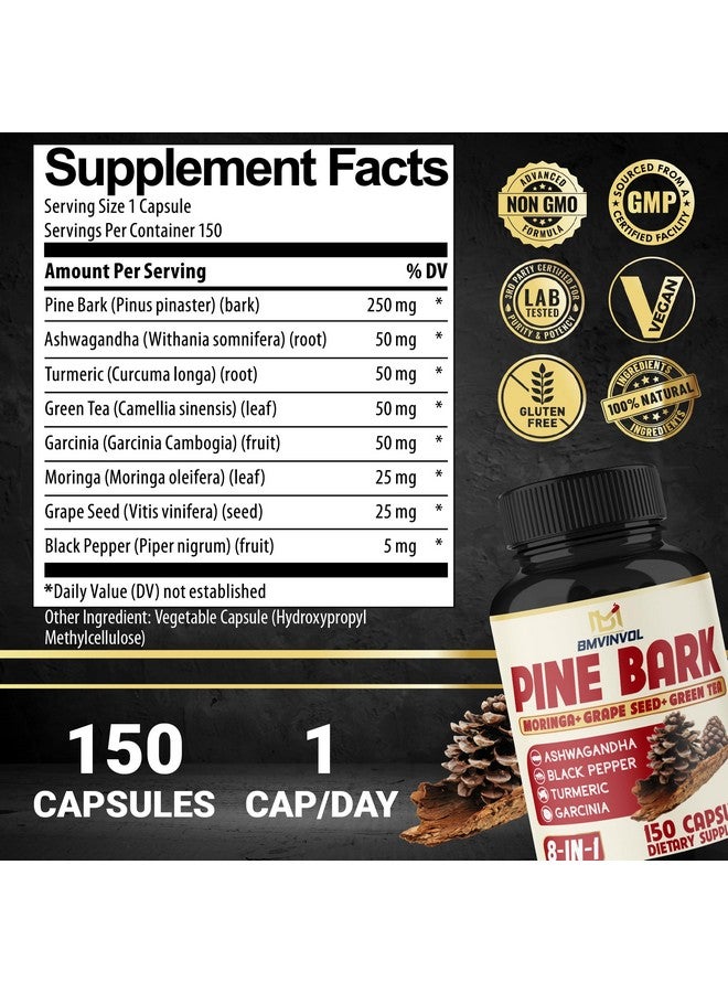 BMVINVOL Pine Bark Capsules with Ashwagandha, Turmeric, Green Tea, Garcinia Cambogia, Moringa, Grape Seed, and Black Pepper - 150 Count - 5 Month Supply - Image 2