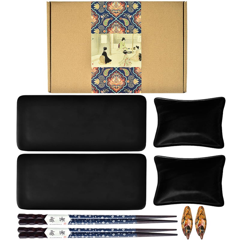 Artcome 8 Piece Japanese Style Ceramic Sushi Plate Dinnerware Set with 2 Sushi Plates 2 Sauce Dishes 2 Pairs of Chopsticks 2 Chopsticks Holders