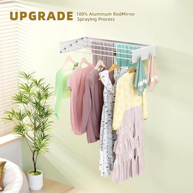 BAKON Wall Mounted Drying Rack 23.6'', Foldable Laundry Drying Rack Wall Mount with 4 Towel Hooks and 4 Rods, Space Saving Drying Rack Clothing for Indoor Outdoor Bathroom Balcony (White, 23.6'') - Image 3