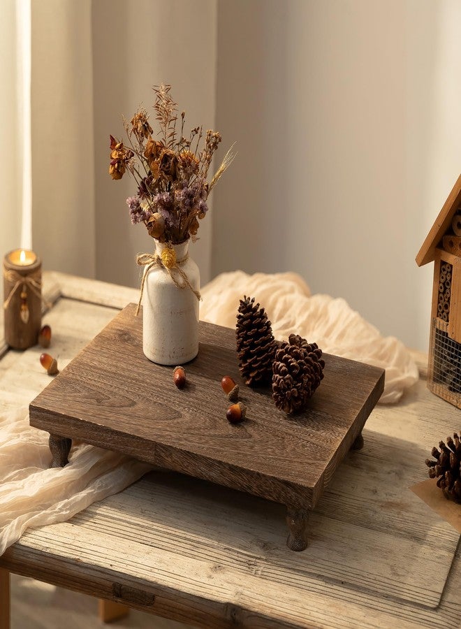 Hanobe Wooden Riser Decorative Tray: Farmhouse Wood Pedestal Display Stand Rustic Brown Tray Riser Centerpiece for Coffee Bar Kitchen Dining Room Home Table Decor, Short & Tall Footed - Image 3
