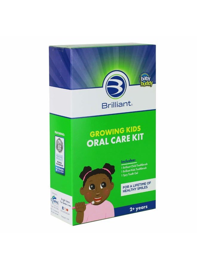 Brilliant Growing Kids Oral Care Kit of Baby Buddy 's Oral Care Program - Includes Child Toothbrush, Kids Toothbrush & 2oz Spry Strawberry-Banana Tooth Gel, 2+ Years, Green - Image 1